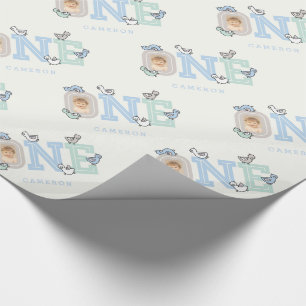 Blue & Mint Baby Ducks One Photo Boy 1st Birthday Cadeaupapier