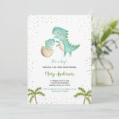 Blue Mint Boy Dinosaur Baby shower Uitnodiging (Staand voorkant)
