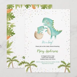Blue Mint Boy Dinosaur Baby shower Uitnodiging