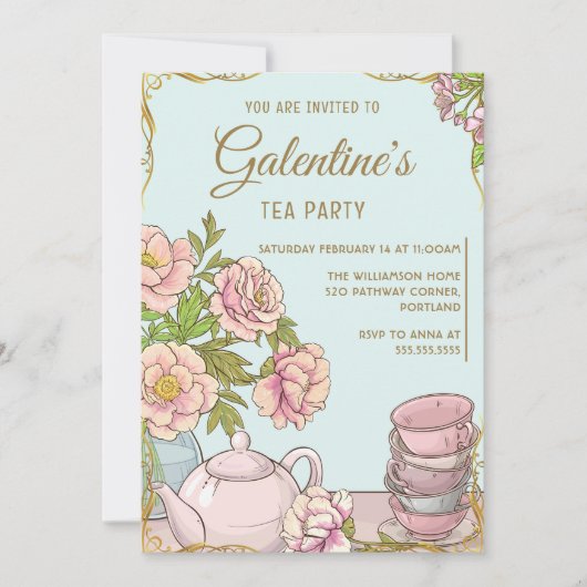 Blue Mint Floral Galentine's Day Tea Party Kaart (Voorkant)