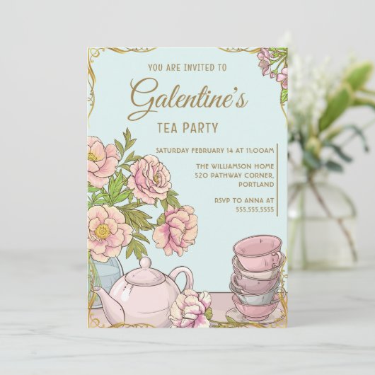 Blue Mint Floral Galentine's Day Tea Party Kaart (Staand voorkant)