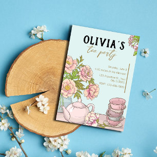 Blue Mint Floral geïllustreerde Tea Party uitnodig Kaart