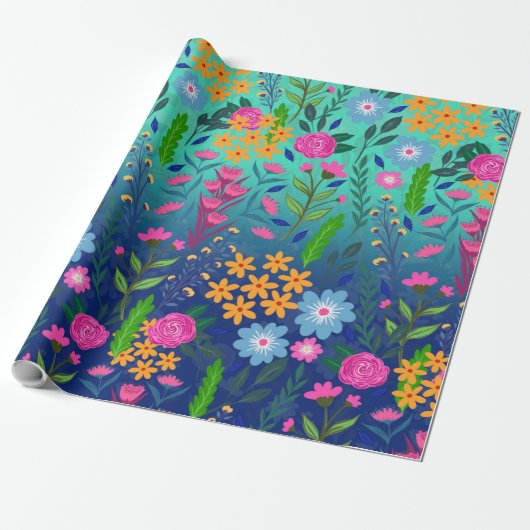 Blue Mint Gradient Garden Flowers ontwerp Cadeaupapier (Uitgerold)