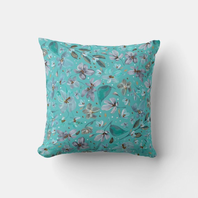 Blue Mint Magic Waterverf Boho Floral Kussen (Voorkant)