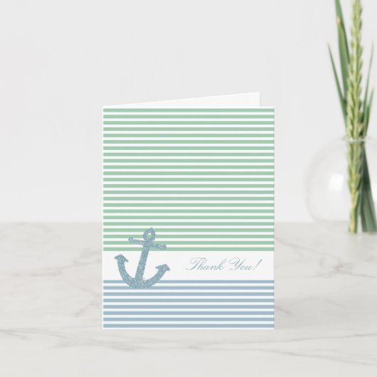 Blue Mint Stripes Glitter Anker dank u Bedankkaart (Voorkant)