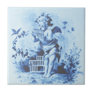 Blue Minton Cherub met Pan Pipes & Birds Repro Tegeltje