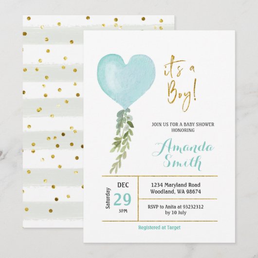 Blue Miny Balloon garçon baby shower invitation (Devant / Derrière)