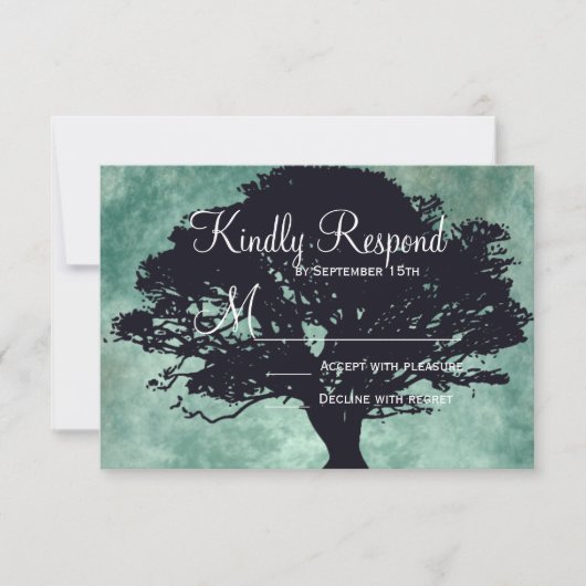 Blue Mist Oak Tree Silhouette Weddenschap RSVP-kaa RSVP Kaartje (Voorkant)