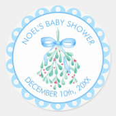 Blue Mistletoe Winter Baby shower Ronde Sticker (Voorkant)