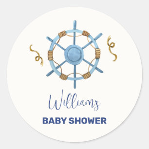 Blue Modern Ahoy Nautical Boy Baby shower Ronde Sticker