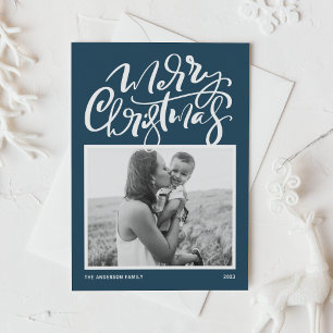 Blue Modern Calligraphy Photo Merry Kerstry Feestdagenkaart