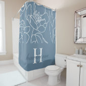 Blue Modern Elegant Wildflower Monogram Name Douchegordijn (In situ)