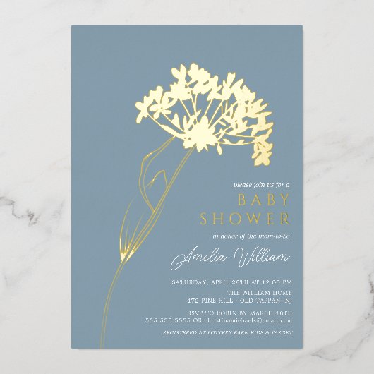 Blue Modern Floral Baby shower Folie Uitnodiging (Voorkant)