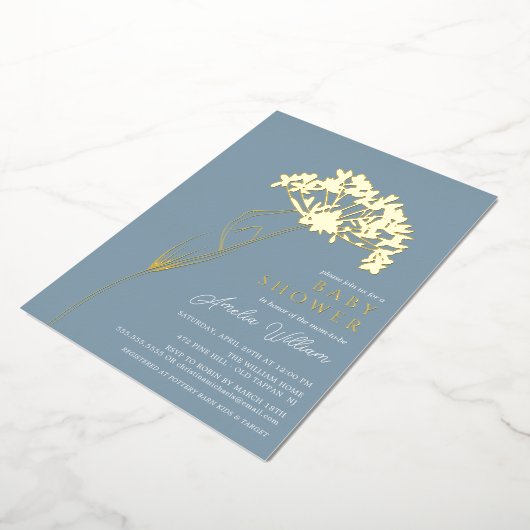 Blue Modern Floral Baby shower Folie Uitnodiging (Gedraaid)