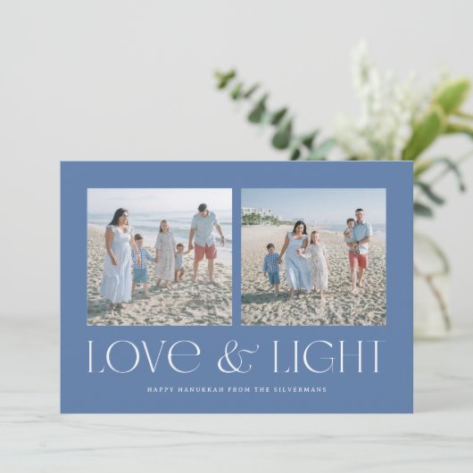 Blue Modern Hanukkah Love & Light 2-Photo Feestdagenkaart (Staand voorkant)