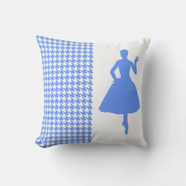 Blue Modern Houndstooth met Mode Silhouette Kussen (Voorkant)