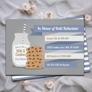 Blue Modern Milk and Cookies Striped Invitation Kaart