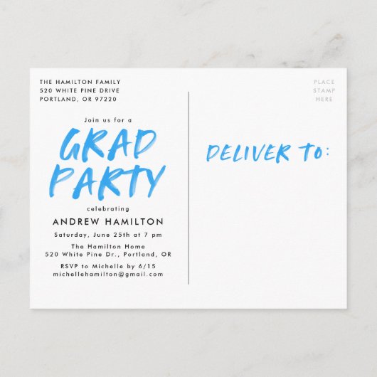 Blue Modern Paint Splatter Photo Graduparty Uitnodiging Briefkaart (Achterkant)