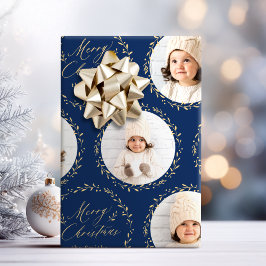 Blue Modern Script Merry Christmas Family 6 photo Cadeaupapier