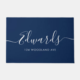 Blue Modern Script Personalized Doormat Deurmat