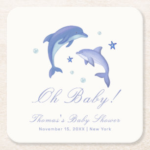Blue Modern Summer Dolphin Stars Baby shower Vierkante Kartonnen Onderzetter