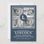 Blue Monogram Baby Boy Birth Announding Kaart (Voorkant)