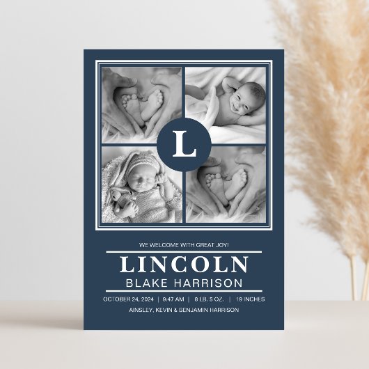 Blue Monogram Baby Boy Birth Announding Kaart