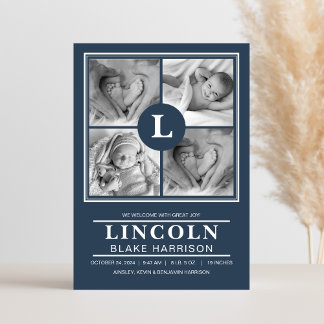 Blue Monogram Baby Boy Birth Announding Kaart