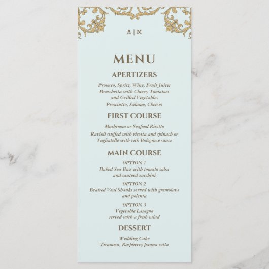 Blue Monogram Baroque Christian Wedding Menu (Voorkant)