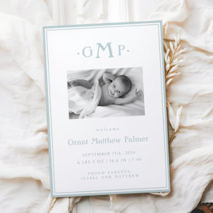 Blue Monogram Boy Baby aangekondigd Aankondiging