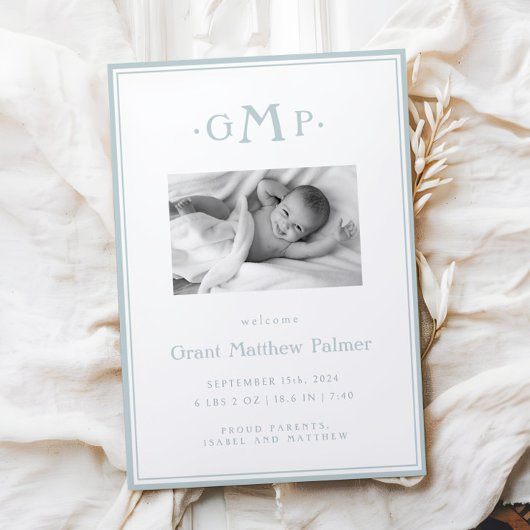 Blue Monogram Boy Baby aangekondigd Aankondiging