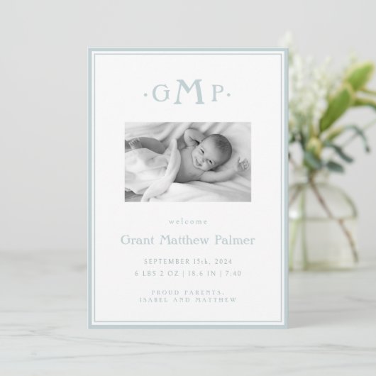 Blue Monogram Boy Baby aangekondigd Aankondiging (Staand voorkant)