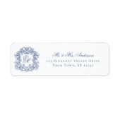Blue Monogram Crest Elegant Wedding Return Adres Etiket (Voorkant)