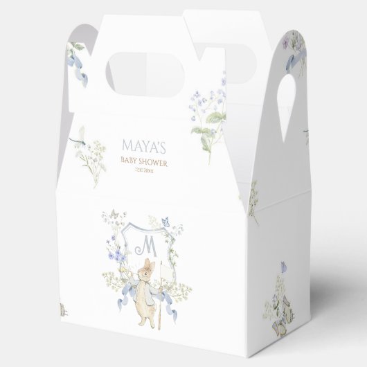 Blue Monogram Crest Peter het Konijn Baby shower Bedankdoosjes (Geopend)