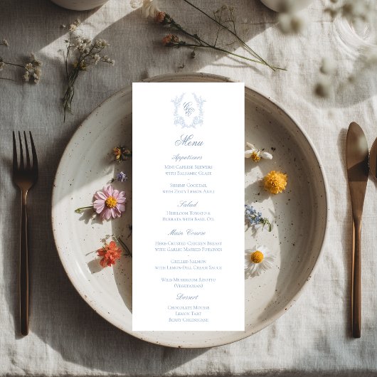 Blue Monogram Crest Wedding Reception Menu Card