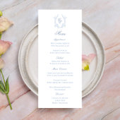 Blue Monogram Crest Wedding Reception Menu Card