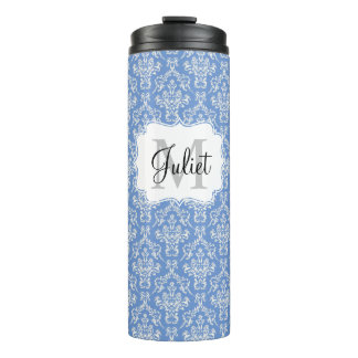 Blue Monogram Damask Pattern Thermal Tumbler Thermosbeker