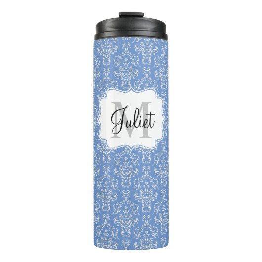 Blue Monogram Damask Pattern Thermal Tumbler Thermosbeker (Voorkant)