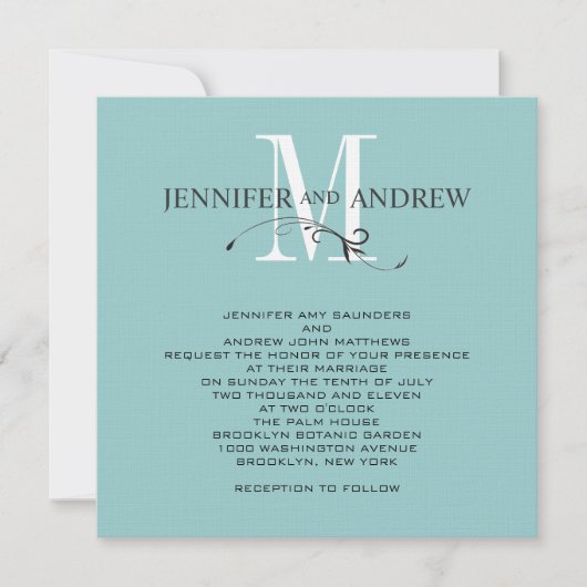 Blue Monogram en Names Wedding Invitation Kaart (Voorkant)