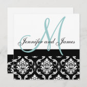 Blue Monogram Names Damask Wedding Invitation Kaart (Voorkant / Achterkant)