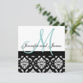 Blue Monogram Names Damask Wedding Invitation Kaart (Staand voorkant)