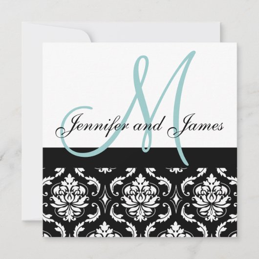 Blue Monogram Names Damask Wedding Invitation Kaart (Voorkant)