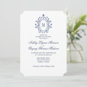 BLUE Monogram Wedding Invitation Kaart (Staand voorkant)