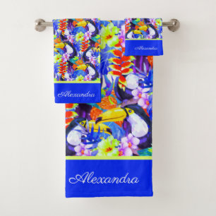 Blue Monogramme Toucan oiseau fleurs tropicales