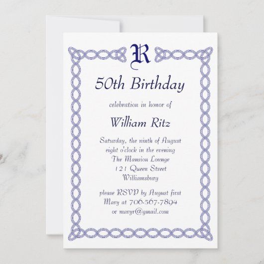 Blue Monogrammed Birthday Invitation Kaart (Voorkant)