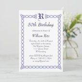 Blue Monogrammed Birthday Invitation Kaart (Staand voorkant)