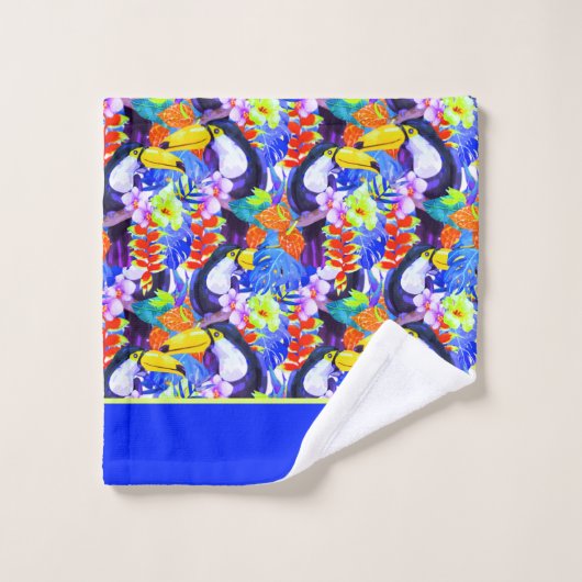 Blue Monogrammed Toucan-vogeltropische bloemen Bad Handdoek (Wasdoekje)