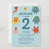 Blue Monster Boys 2nd Birthday Invitation Fun Kind Kaart (Voorkant)