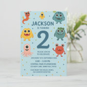 Blue Monster Boys 2nd Birthday Invitation Fun Kind Kaart (Staand voorkant)
