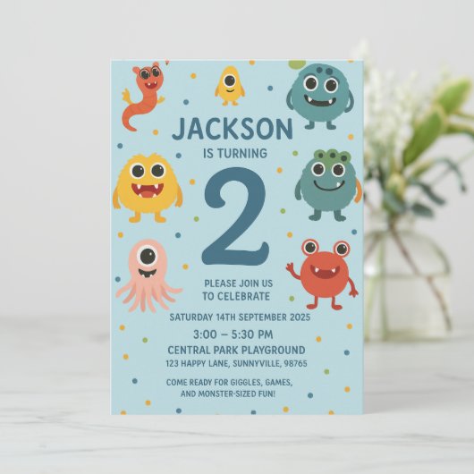 Blue Monster Boys 2nd Birthday Invitation Fun Kind Kaart (Staand voorkant)